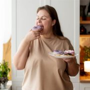 Гладна жена яде понички.