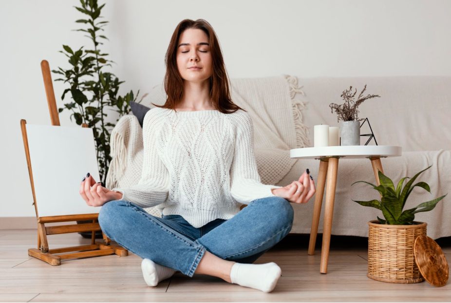 Жена медитира вкъщи за справяне с преумората.